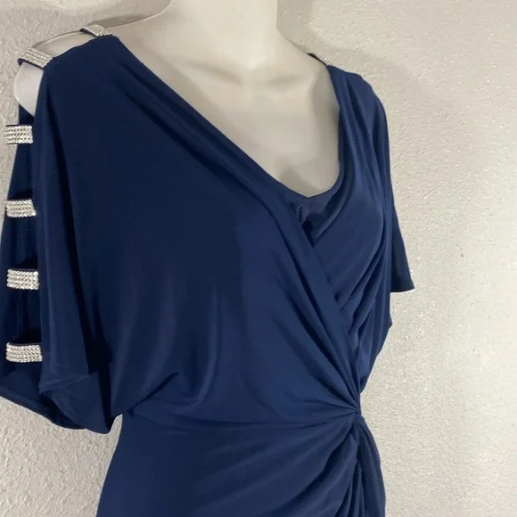 Alex Evenings Navy Blue Crystal Open Sleeve Blouson Maxi Gown Dress 6 - Picture 5 of 10